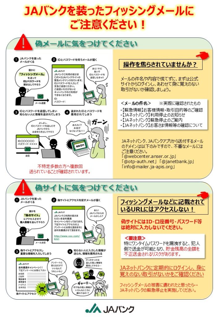 JAネットバンクサービスを装ったフィッシングメール、サイトにご注意